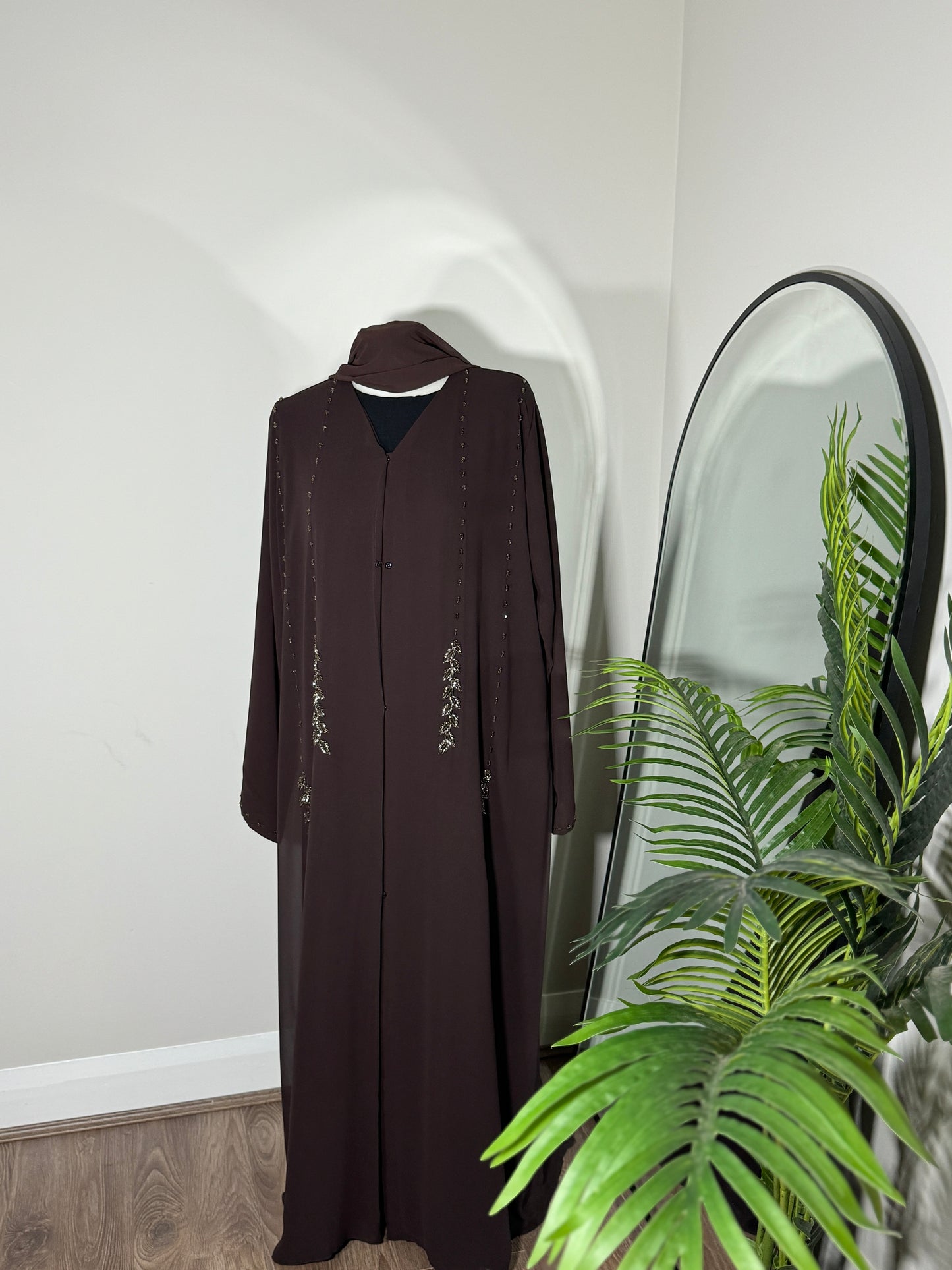 Premium chiffon leaf embellished open abaya - brown