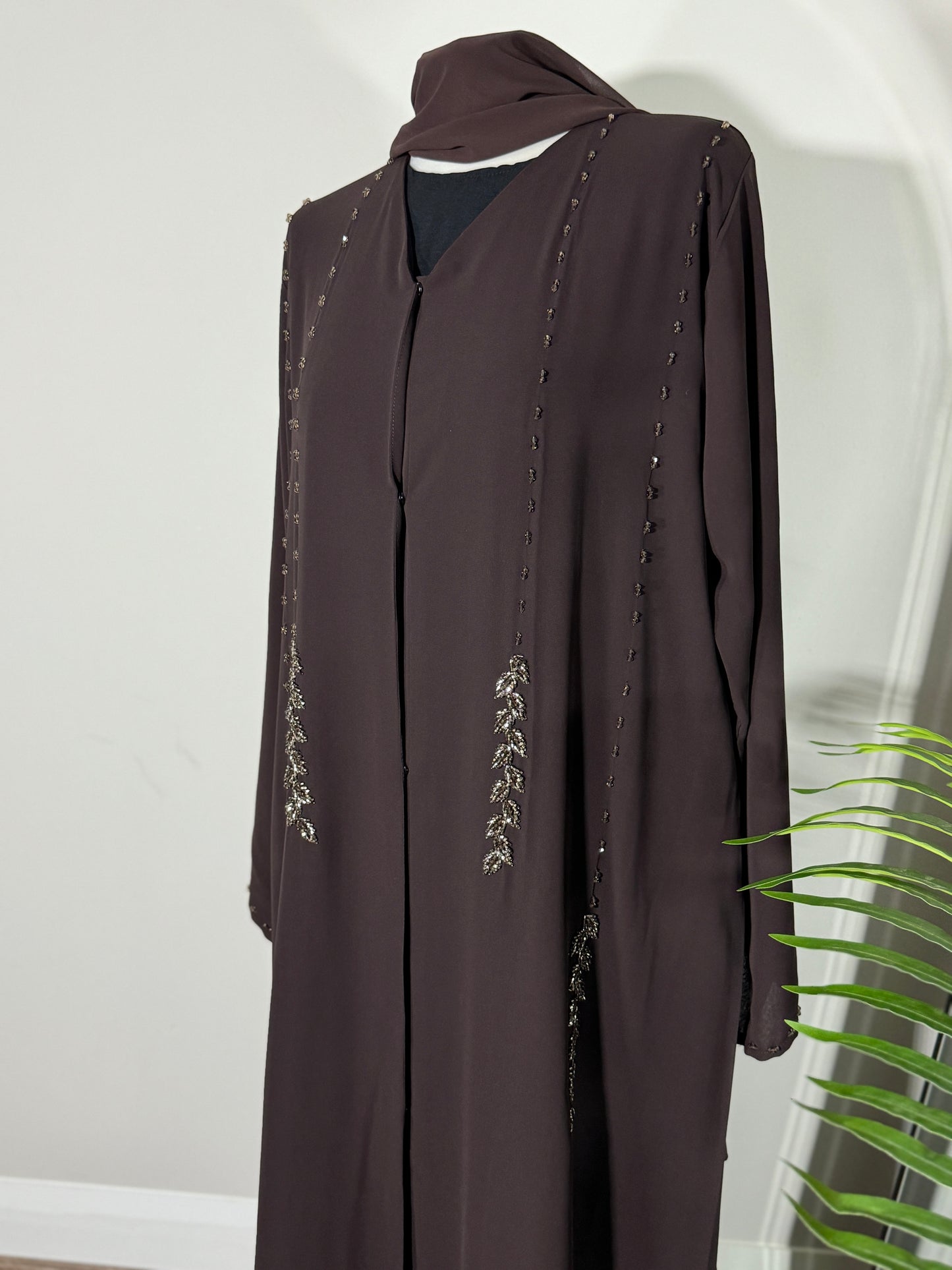 Premium chiffon leaf embellished open abaya - brown
