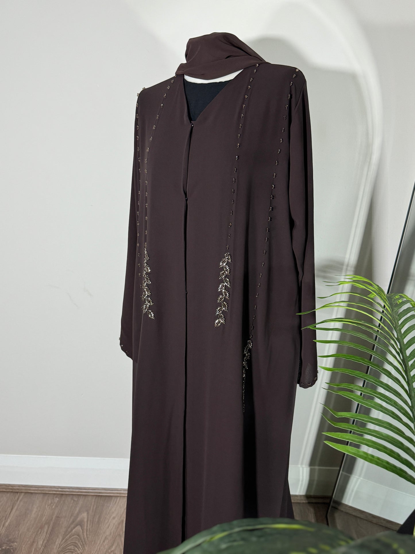 Premium chiffon leaf embellished open abaya - brown