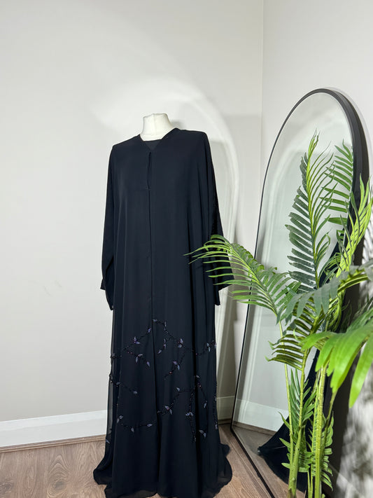 Premium chiffon vine embellished open abaya - black